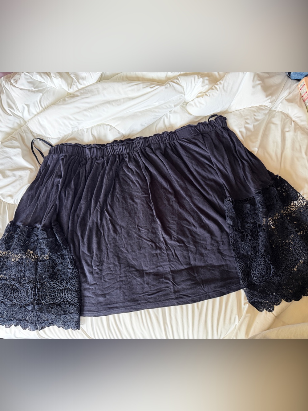 Navy Blue Bell Lace Sleeve Off-Shoulder Top